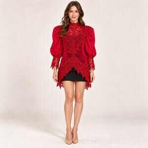 Vintage Cranberry Silk Lace Tunic Top Victorian Puff Sleeve High Low Romantic -